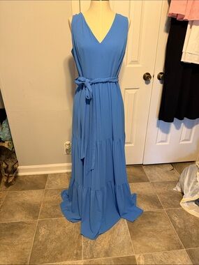 Lilly Pulitzer Sky Blue Tiered V-Neck Maxi Dress with Waist Tie 12